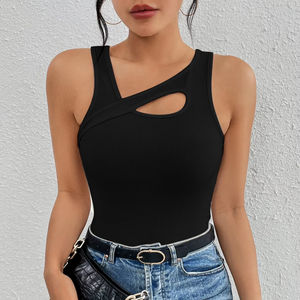 Women's Vintage Short Woven Slim-Fit Strapless Sexy Breathable Eco-Friendly Solid Color Hollow Polyester Fiber <b>Tank</b> <b>Tops</b> Button - Product Image 5