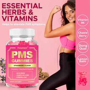 Compléments alimentaires naturels à la saveur de fraise Rosebest pour l'équilibre hormonal féminin, à base de plantes, avec du chasteberry, du dong quai et de la vitamine B6, en forme de gommes pour les troubles du cycle menstruel (PMS) - Product Image 5