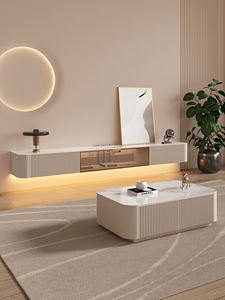 طقم أثاث فاخر وعصري لغرفة المعيشة مكون من حوامل تلفزيون عائمة وخزانة تلفزيون وطاولة قهوة ووحدة حائط للتلفزيون مع زجاج - Product Image 2