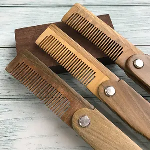 Venta al por mayor de fábrica de alta calidad para hombres, cuidado de la barba, sandalia verde plegable de madera, peine para Barba