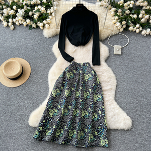 Set Vintage 2 pezzi per donna Top e vita alta gonne sottili Set di abbigliamento all'ingrosso - Product Image 2