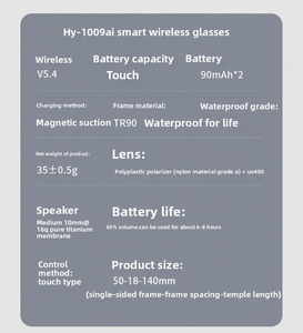Lunettes Intelligentes Étanche Portée Sans Fil 10m+ Contrôle Tactile Batterie 180mAh Traduction IA Modèle GPT Grand Format Anti-Lumière Bleue - Product Image 2
