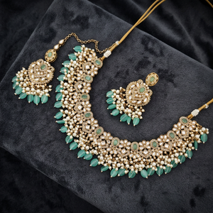 Indian Traditional Antique Gold Plated Kundan Choker Necklace <b>Set</b> Sea Green Mint Gemstone Bead Bridal Jewelry <b>Set</b> with Earrings - Product Image 2