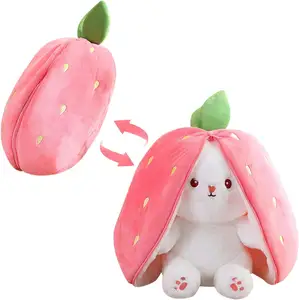 Bunny Stuffed Animal Reversible Cuddle Bunny Strawberry Transformed Rabbit Plush Carrot Turns Into Ears Bunnies Plushies Toy