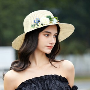 Chapeau de soleil à visière rayée en papier pour femme, style pêcheur, avec nœud fleuri français, cadeau Fête des Mères, pour tête de 56-58 cm - Product Image 2