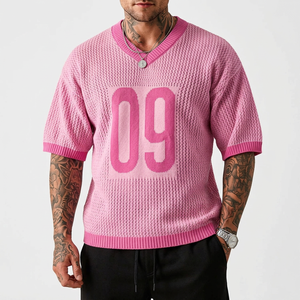 Suéter de Punto con Cuello en V Rosa para Hombre, Jersey Deportivo Informal Transpirable con Estampado de Letras Numéricas en la Parte Delantera - Product Image 1