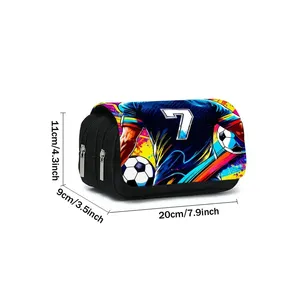 Étui à stylos double couche imprimé football avec fermeture éclair pour garçons/filles – Meilleurs cadeaux – Fournitures scolaires en tissu 2D dessin animé pour enfants - Product Image 2