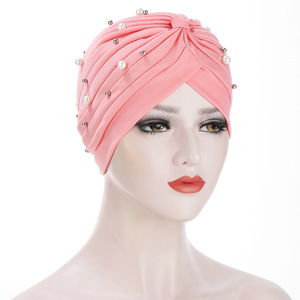 2023 nouvelle mode couleur unie plissé perle perle musulman Turban écharpe femmes pull bandeau chapeau - Product Image 3