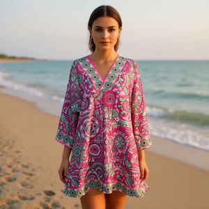 Camicia da spiaggia a maniche medie stile Mandala 88x54 cm con scollo a V per donna, copricostume, capospalla - Product Image 3