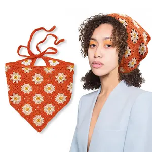 HZO-23036 Retro Women Flower Headwrap Boho Headband Head Kerchief Triangle Headscarf Bandana Knitted Turban with ties