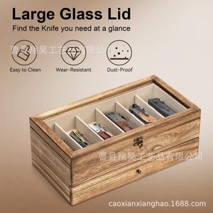 Wooden Knife <b>Storage</b> <b>Box</b> Double Layer <b>Drawer</b> Style With Lid For Knives Watches Sunglasses Display Rectangular Carbonized Color - Product Image 5