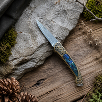 Couteau de survie pliant d'extérieur, couteau de poche pliant en acier Damas, couteau de survie en milieu sauvage, manche en laiton Baobei Shell