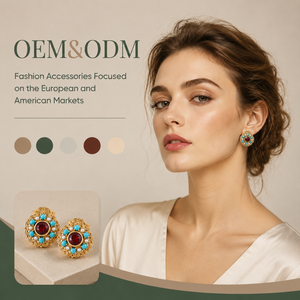 Boucles d'oreilles clous rondes vintage en laiton plaqué or avec pierres multiples, OEM/ODM, vente en gros personnalisée, bijoux rétro pour femmes - Product Image 1