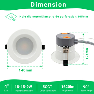 Downlight LED encastré de 4 pouces, 5 températures de couleur et puissance sélectionnables, 9W 15W 18W, dimmable 0-10V, éclairage commercial avec conduit en aluminium - Product Image 2