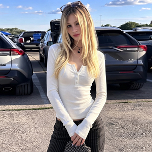 American Casual Half Placket Button Front Crewneck Knit Layering <b>Top</b> Hot Girl Basic Slim Fit Flattering Regular Shoulder <b>Top</b> - Product Image 1