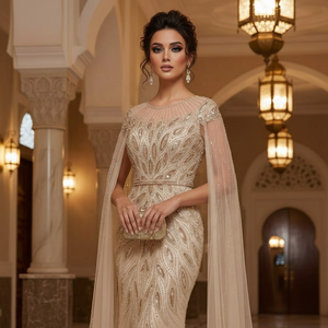 Abito <span class=keywords><strong>da</strong></span> sera Serene Hill LA71999 color oro a sirena con perline e maniche a mantella, abito formale <span class=keywords><strong>da</strong></span> cerimonia per donna - Product Image 4