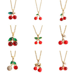 Collier tendance en acier inoxydable plaqué or 18 carats, inaltérable, avec pendentif cerise mignon en zircon brillant, bijoux pour femme - Product Image 4