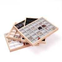 Plateau à bijoux multi-compartiments en bambou à 30 grilles, avec doublure en cuir noir et blanc et velours gris, organisateur d'objets de petite taille