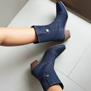Low Block Heel Cowboy Shoes Dark Denim Mid Calf Western <b>Boots</b> Metal Button Decor For Holiday Trips And Casual Social Gatherings - Product Image 2