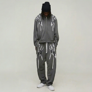 Chándal gris con capucha para hombre, cremallera frontal completa, estampado con efecto goteo, corte holgado, estilo urbano con bolsillos laterales, para otoño - Product Image 1