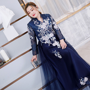 Chinese Style Plus Size Navy Blue Long Sleeve Embroidered Dress For Performance Banquet Women - Product Image 1