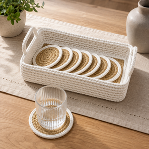 Handmade Round Fabric Coaster Set with Bohemian Pattern <b>Heat</b> Resistant & Non-Slip Natural Fibers <b>Reusable</b> for Kitchen & Home Use - Product Image 6