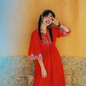 Ethnic Style Cotton Linen Long Dress White Tie Neck Loose Waist Embroidery Geometric Patterns Casual Dress 2025 Summer - Product Image 4