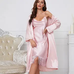 Частная марка, комплект из двух предметов, сексуальный женский атласный шелковый халат, роскошная шелковая ночная сорочка с длинным рукавом, ночная рубашка