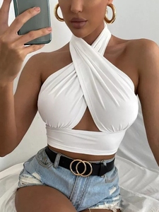 Top Corto Sexy con Escote Halter Cruzado en Blanco, Blusa sin Mangas, Camiseta Única para Mujer - Product Image 1