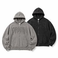 Sweat à capuche zippé épais pour homme, en molleton délavé, style streetwear ample et oversize, avec patchwork d'étoiles effet usé