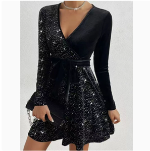 ชุดเดรสกำมะหยี่สำหรับผู้หญิง ฤดูใบไม้ร่วง ฤดูหนาว ขายดี สีพื้น ระบายอากาศได้ดี เซ็กซี่ ทรงเข้ารูป วิธีการทอผ้าแบบไม่ถักทอ - Product Image 1