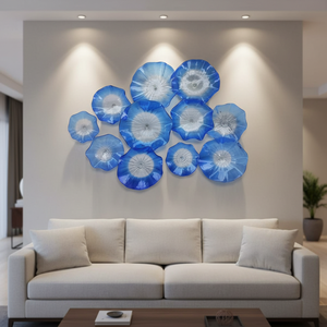 Décorations murales modernes en verre de Murano bleu et blanc, mosaïque murale suspendue, assiettes murales suspendues - Product Image 3