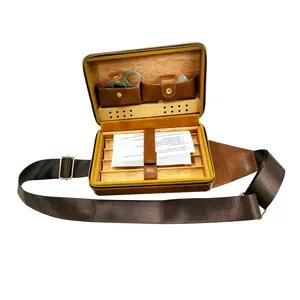 Portable Spanish Cedar Wooden Cigar Box Genuine PU Travel Leather Cigar Case