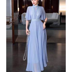 Abito lungo in Chiffon fatto a mano nuovo 2025 personalizzato abito blu chiaro in tinta unita abiti da sera piegati per musulmani - Product Image 4