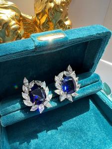Elegant Silver Royal <b>Blue</b> Stone <b>Stud</b> <b>Earrings</b> Surrounded With Sparkling White Leaf Design Luxury Bridal Party <b>Earring</b> For Women - Product Image 4