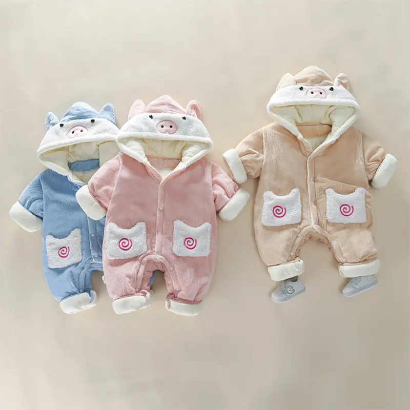 Diseños nuevo traje de bebé mamelucos ropa de invierno niño niña espesar mono caliente cómodo bebé con capucha mono mameluco