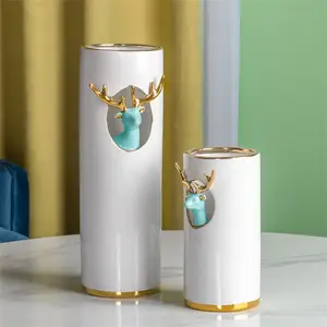 Dekorasi Natal Rusa Modern Gaya Eropa Kepala Rusa Biru Silinder Keramik Dekorasi Vas untuk Dekorasi Rumah
