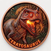 Pièce de monnaie en cuivre pur 999 de 1 oz, représentant un Cératosaure de la fin de la période jurassique, en relief 3D, colorée aux UV, effet proof-like, artisanat métallique artistique de l'ère des dinosaures