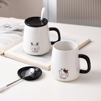 Taza de Porcelana con Diseño de Animal de Dibujos Animados en Blanco y Negro con Cuchara, Apta para Microondas y Lavavajillas, para Fiestas, Diseño Adorable