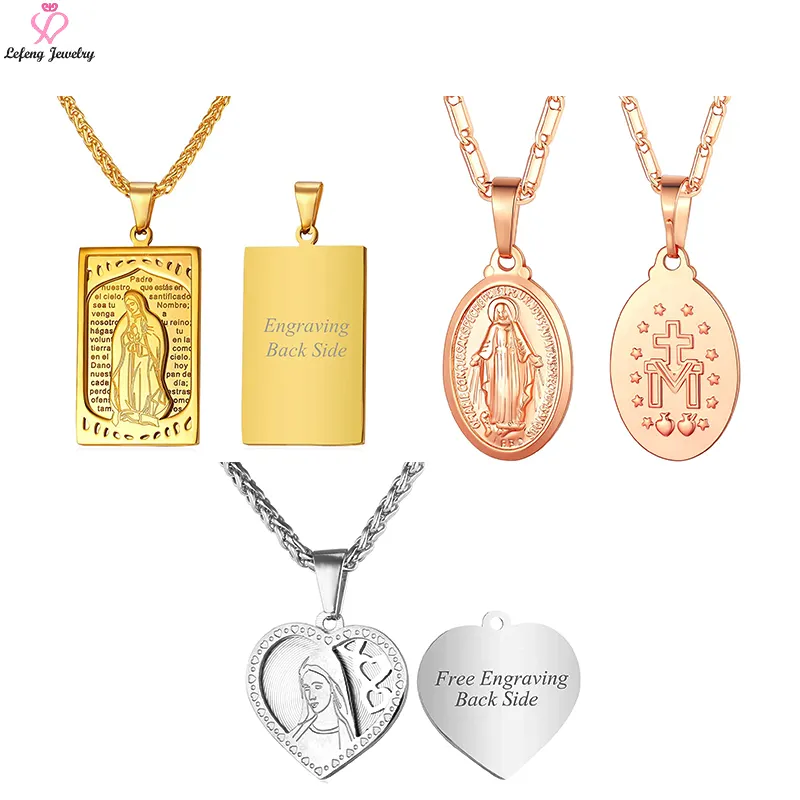 Lefeng Wholesale Custom Logo Stainless Steel Jewelry Black Silver Gold Rose Gold Plated Square Heart Virgin Mary Coin Necklace