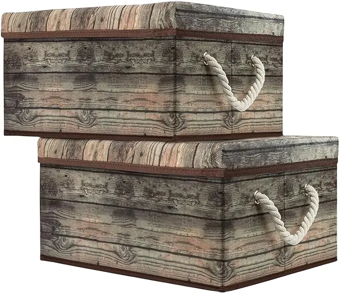 Set kotak penyimpanan kayu pedesaan dengan tutup, gagang, rangka dapat dilipat, tempat sampah motif biji-bijian, cocok untuk mainan