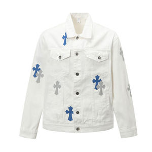 High Quality Vintage Cross Design <b>Denim</b> Jacket Casual Patch Embroidery Button Fly Men's Heavyweight 100% Cotton Jeans <b>Coat</b> - Product Image 2