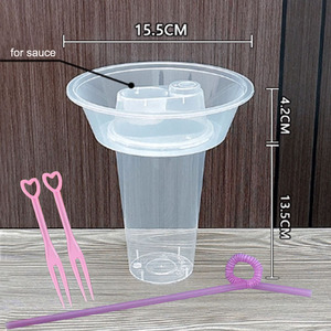 100 bộ 4 trong 1 đặt hàng 500ml ly nhựa Takeaway 500ml Bát ăn nhẹ với nước sốt lỗ uống và ăn cùng nhau - Product Image 2