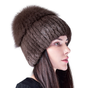 Gorro de Piel de Conejo Rex Auténtica, Gorro de <span class=keywords><strong>Paja</strong></span> con Piel de Zorro, Gorro de Punto Cálido y Grueso, Gorro Baotou de Felpa para Mujer, Gorros de Moda para Otoño e Invierno - Product Image 3