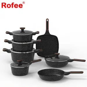 Set peralatan masak lapisan marmer hitam, 12 buah casserole aluminium cor dan wajan susu