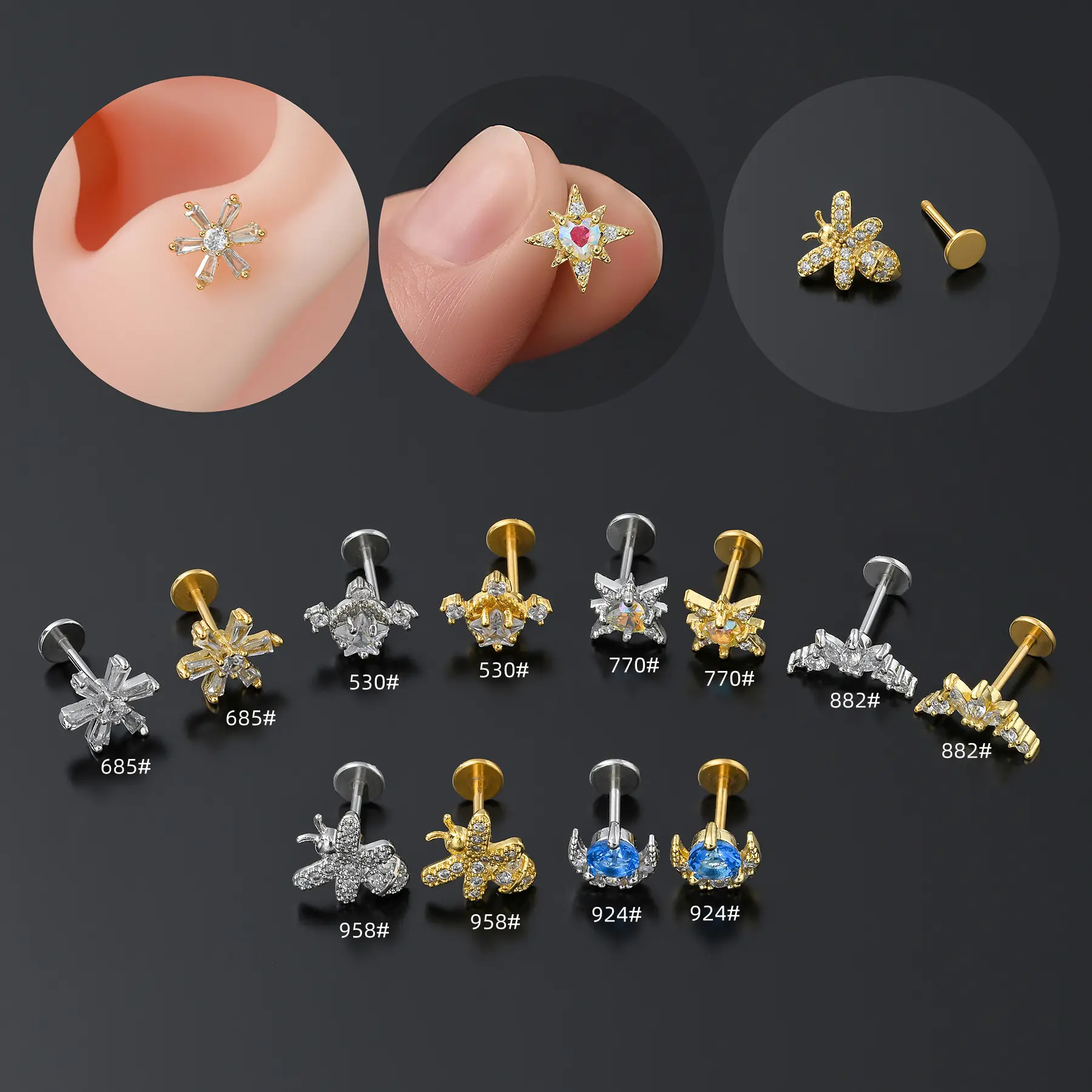 Piercing joyería Stud pendientes varilla de acero inoxidable hilo oreja hueso Stud Micro-incrustaciones de circón geométrico labio Stud para damas