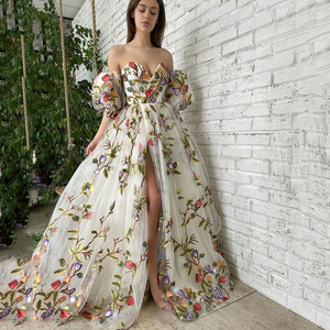 <span class=keywords><strong>Vestido</strong></span> Maxi de <span class=keywords><strong>Fiesta</strong></span> con Bordado Floral 3D, Escote Bajo, <span class=keywords><strong>Manga</strong></span> Linterna, Abertura Alta, Ecológico, Transpirable, Antiarrugas, ODM - Product Image 1