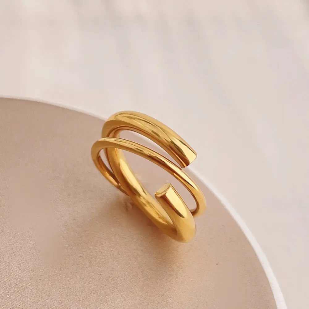 Fashion Charm Jewelry 18K Gold Plated Stainless Steel Round Lines Double Layer Cross Rings Non Tarnish Rings YF5022