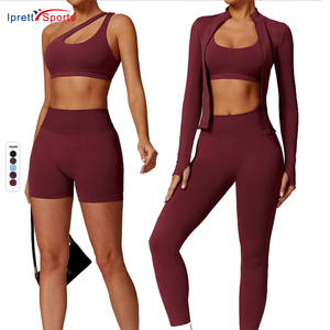 5 pièces nouveautés femmes populaire Logo personnalisé fermeture éclair Yoga costume veste coupe-vent Slim Fit haut athlétique soutien-gorge <span class=keywords><strong>collants</strong></span> ensembles de course - Product Image 1