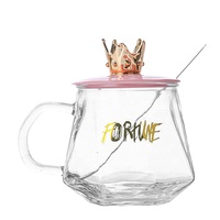 Tasse à café avec anse en forme de couronne, tasse en verre élégante pour le bureau avec couvercle et cuillère, tasse à eau résistante à la chaleur pour filles